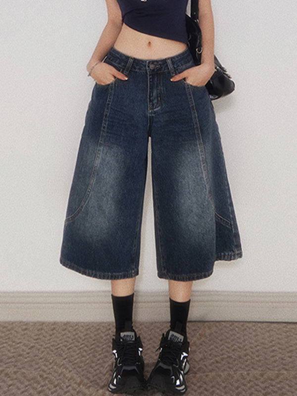 Retro Wide-Legged Denim Shorts