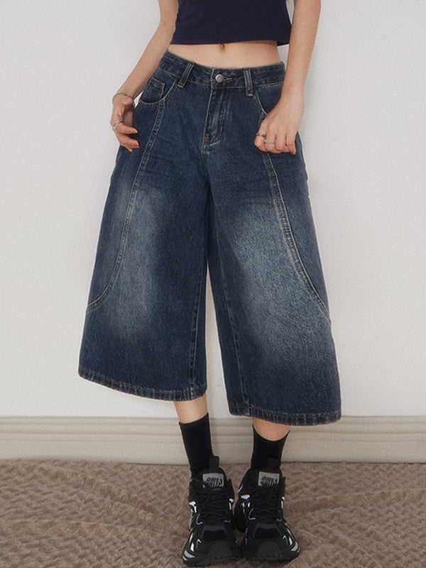 Retro Wide-Legged Denim Shorts