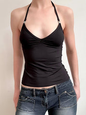 V-Neck Metal Trim Halter Vest