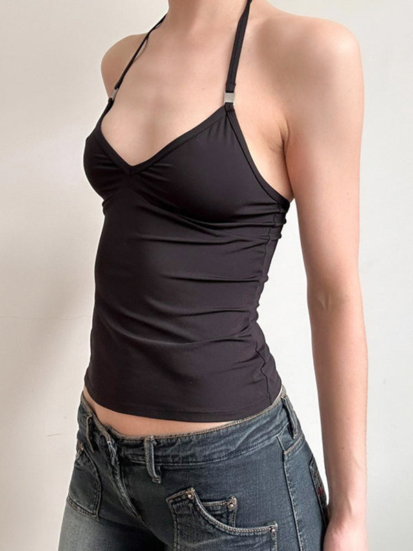 V-Neck Metal Trim Halter Vest