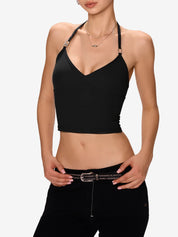 V-Neck Metal Trim Halter Vest