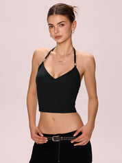 V-Neck Metal Trim Halter Vest