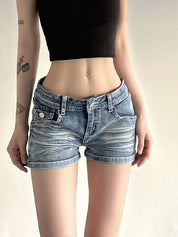 Washed-Out Aged Denim Shorts
