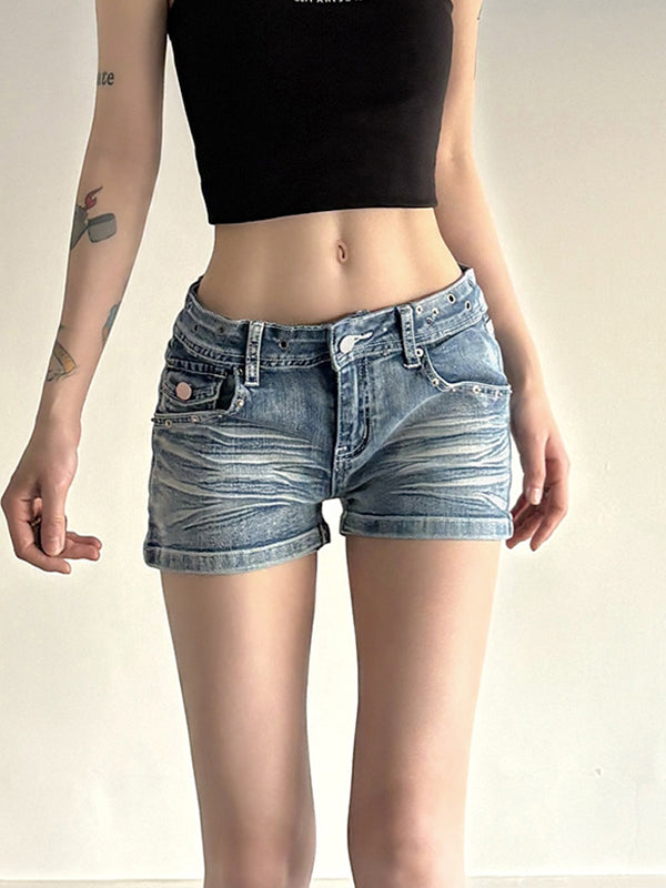 Washed-Out Aged Denim Shorts