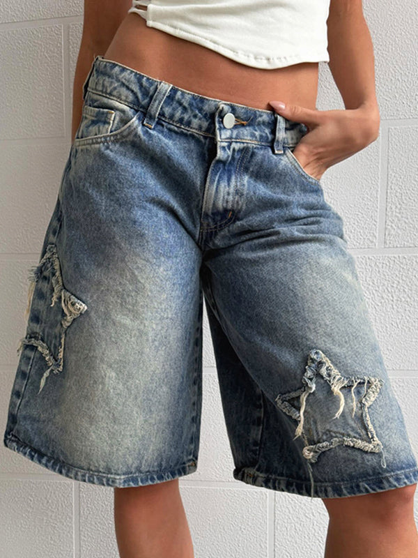Spice Girl Style Star Patch Denim Shorts