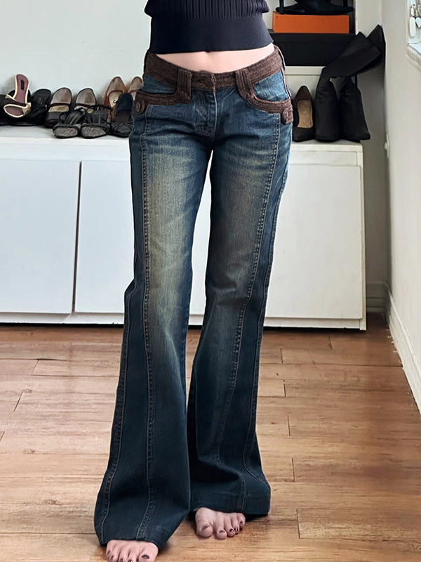 Vintage Style Patchwork Colour Blocking Flare Jeans