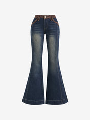 Vintage Style Patchwork Colour Blocking Flare Jeans