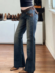 Vintage Style Patchwork Colour Blocking Flare Jeans