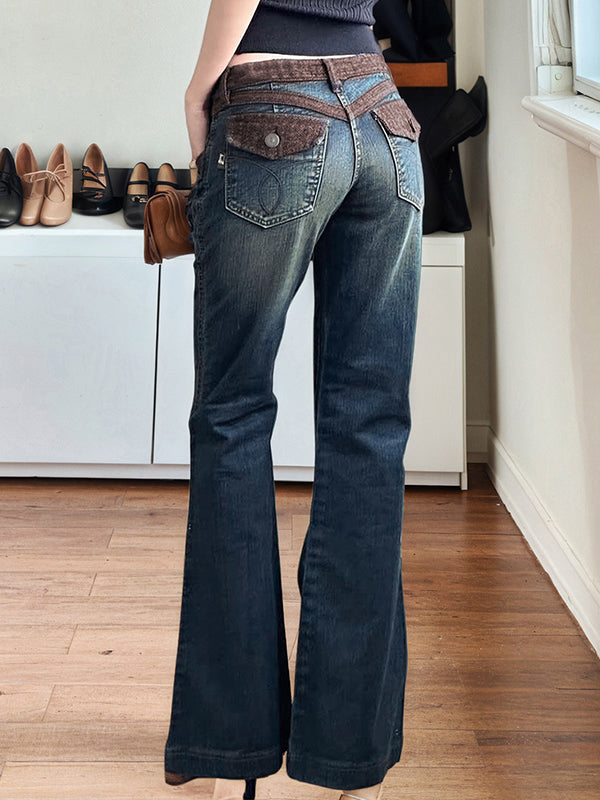 Vintage Style Patchwork Colour Blocking Flare Jeans