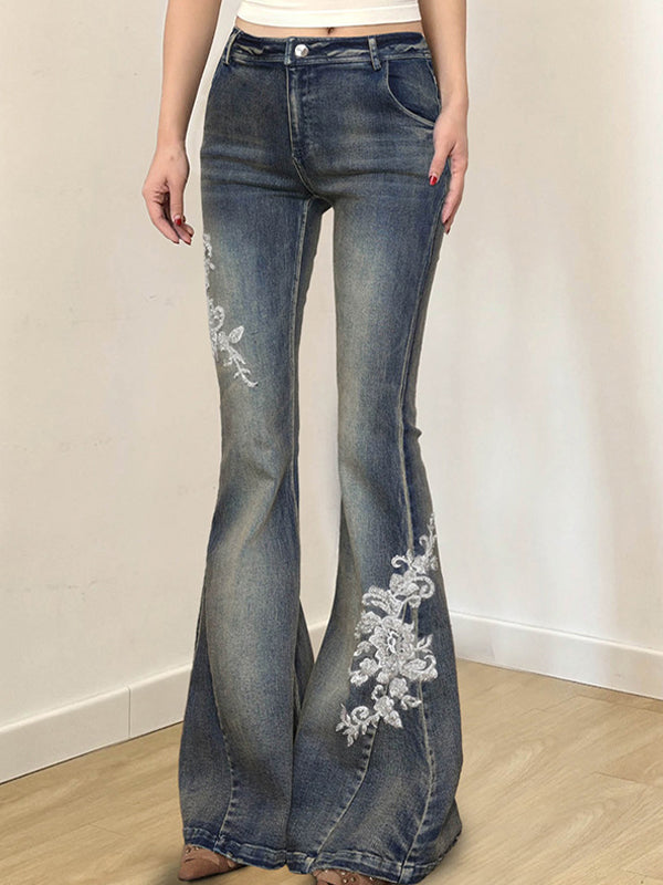 Vintage Washed Embroidery Flare Jeans