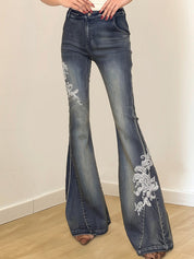 Vintage Washed Embroidery Flare Jeans