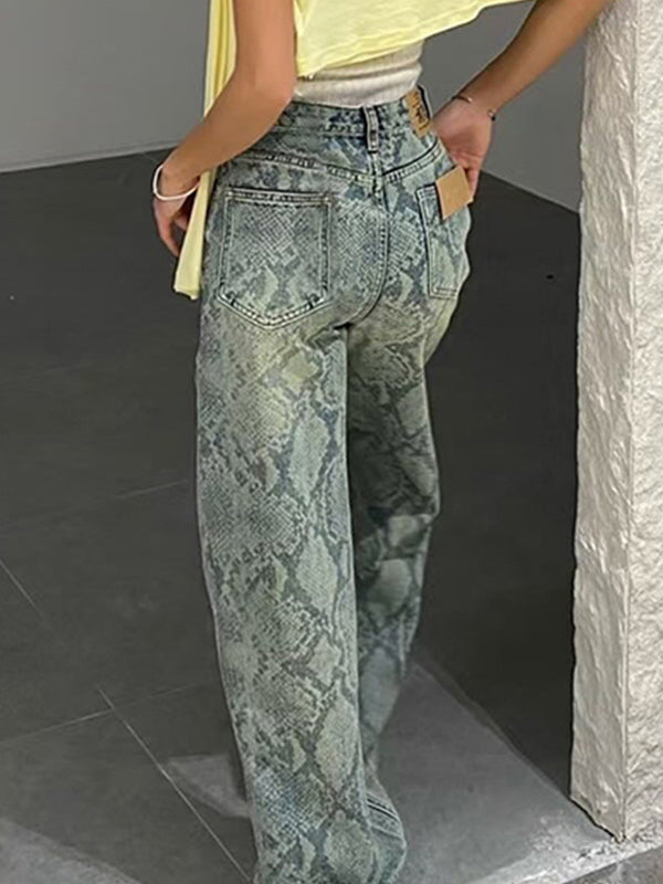 Niche Snake Print Boyfriend Jeans