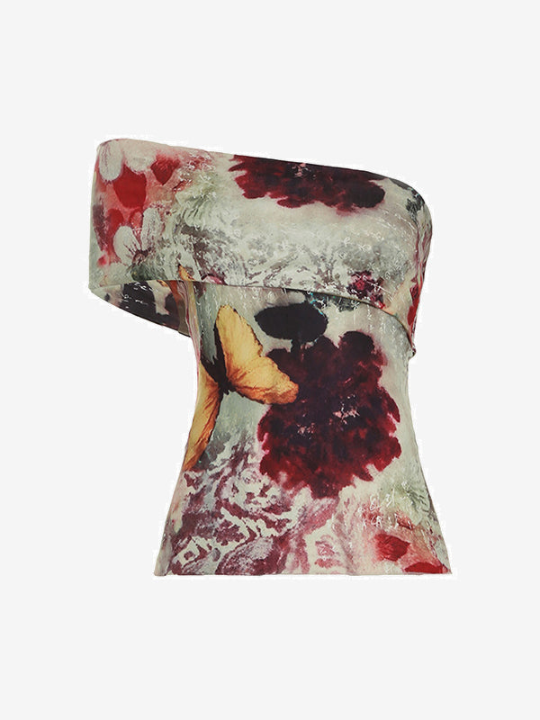 One Shoulder Vintage Print Tank Top