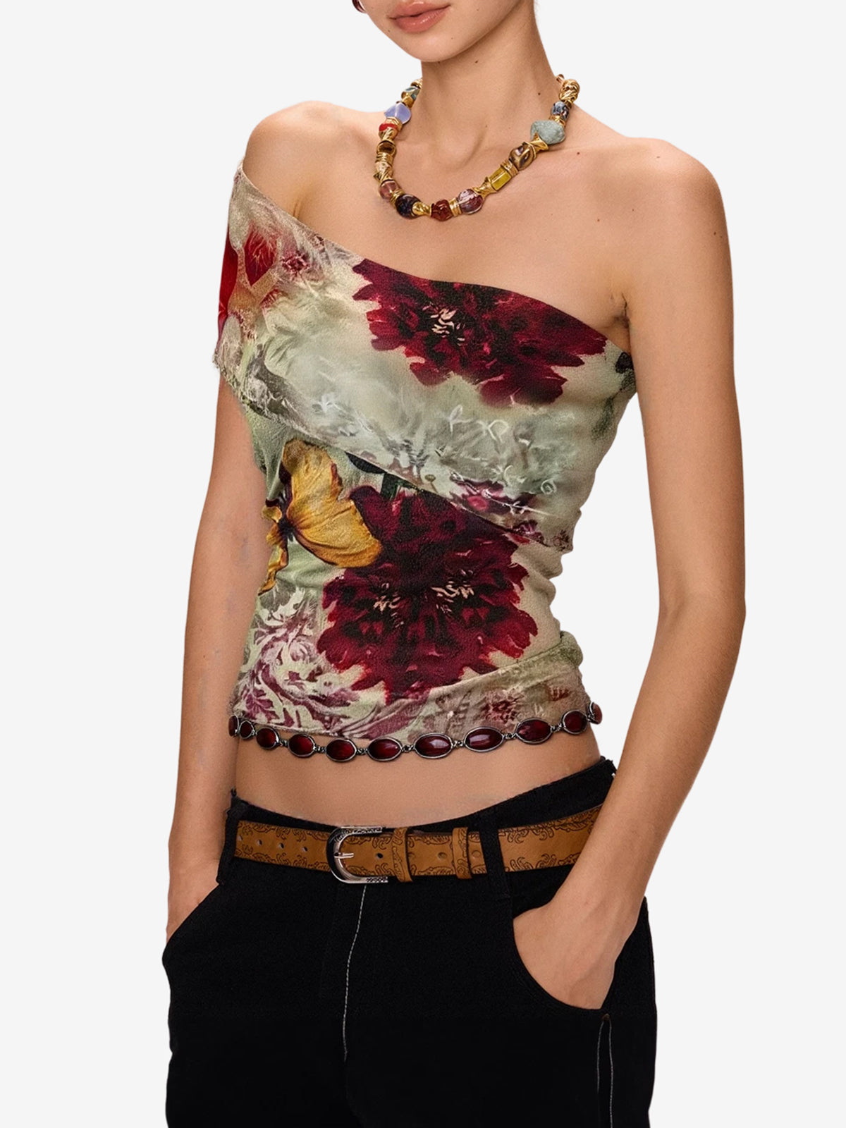 One Shoulder Vintage Print Tank Top
