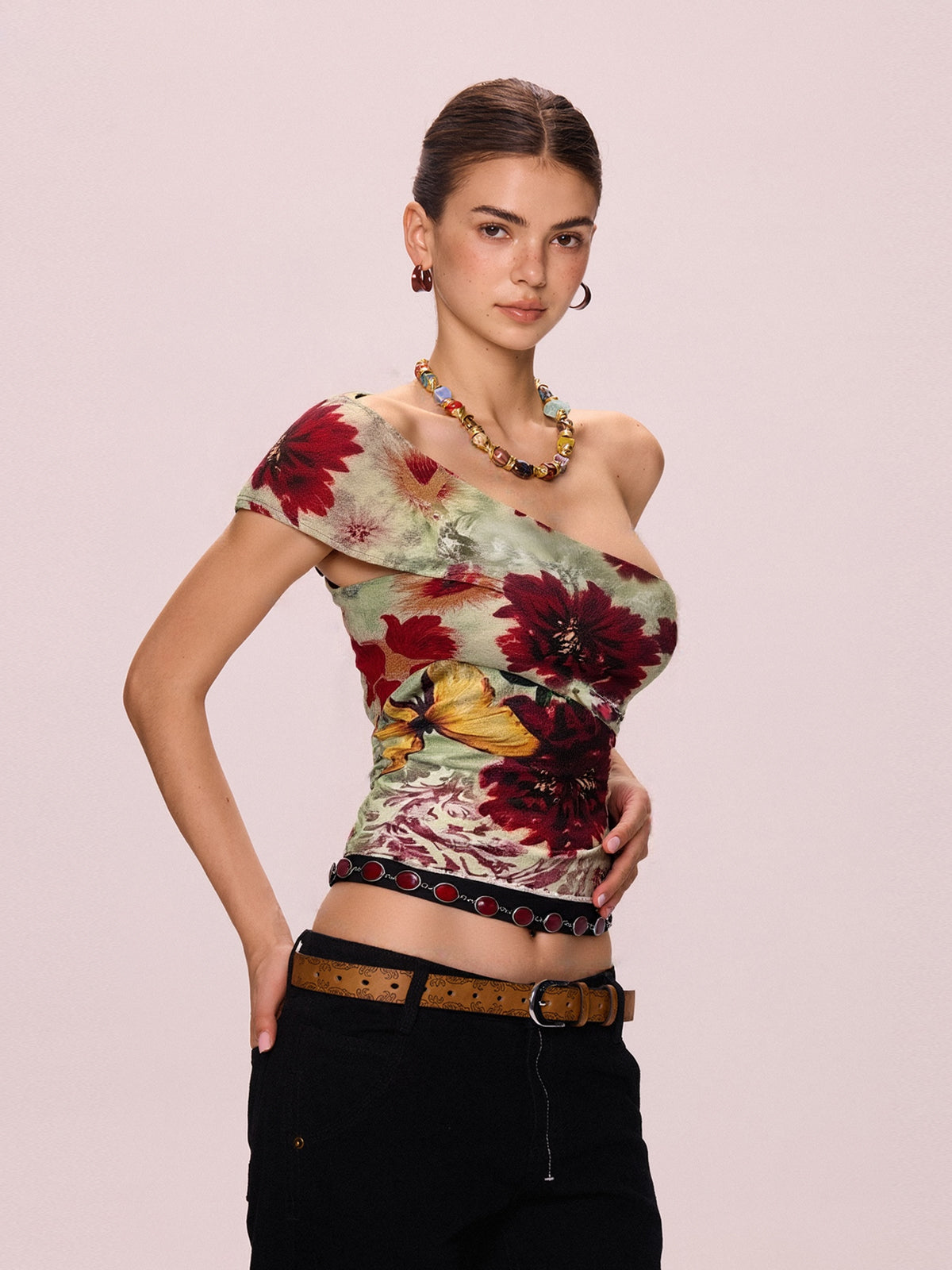 One Shoulder Vintage Print Tank Top