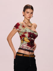 One Shoulder Vintage Print Tank Top