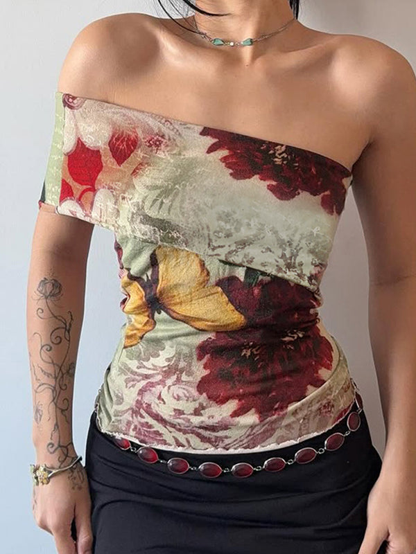 One Shoulder Vintage Print Tank Top