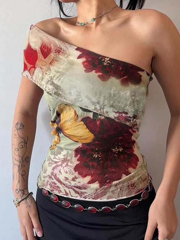 One Shoulder Vintage Print Tank Top