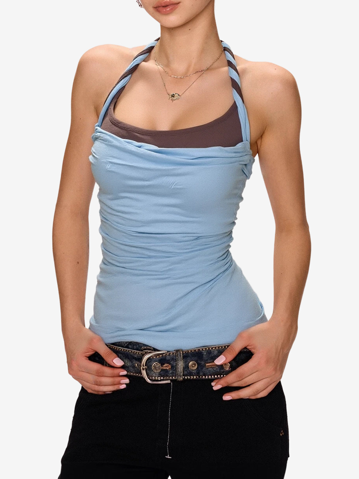 Basic Clashing Colours False Two Piece Halter Vest