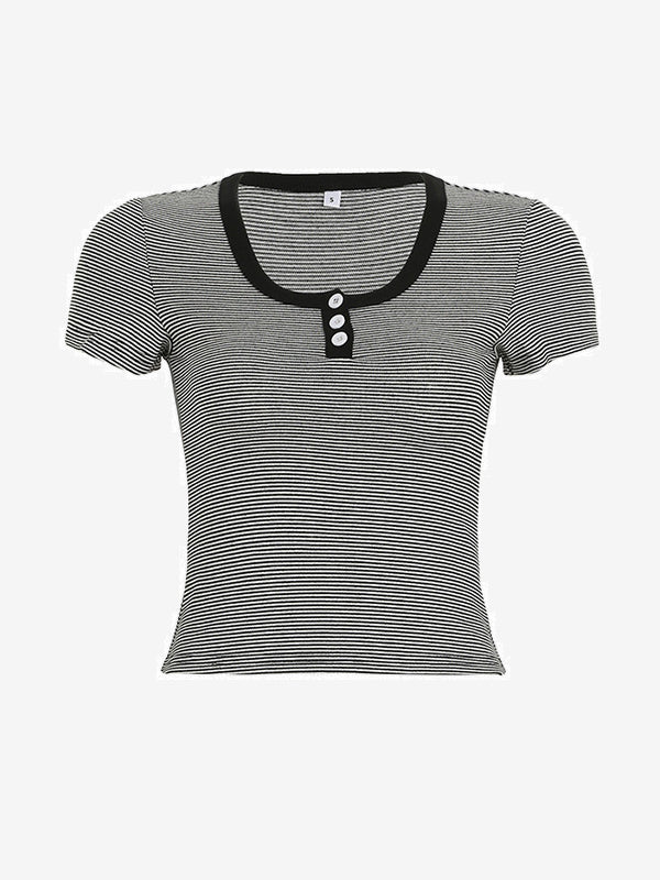 Vintage Striped Three Button Short Sleeves