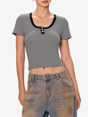 Vintage Striped Three Button Short Sleeves