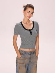 Vintage Striped Three Button Short Sleeves