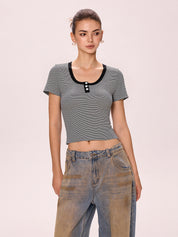 Vintage Striped Three Button Short Sleeves