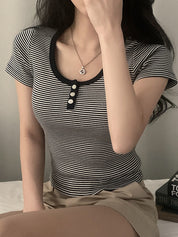 Vintage Striped Three Button Short Sleeves