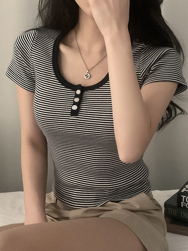 Vintage Striped Three Button Short Sleeves