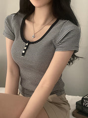 Vintage Striped Three Button Short Sleeves