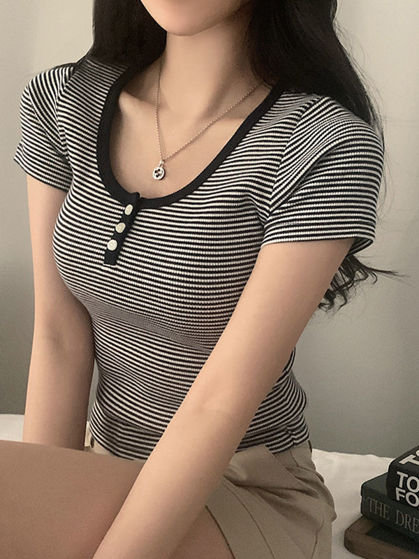 Vintage Striped Three Button Short Sleeves