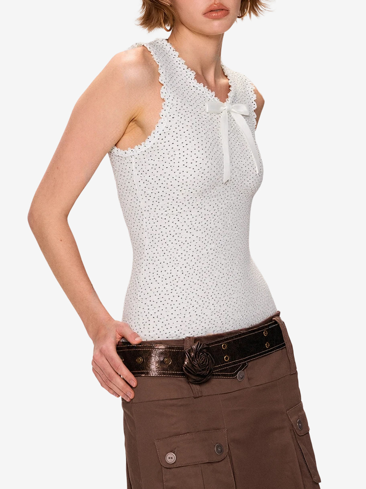 Ruffled Wooden Earring Hem Tank Top