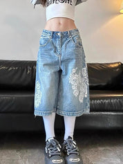 American Lace Print Denim Shorts