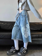 American Lace Print Denim Shorts