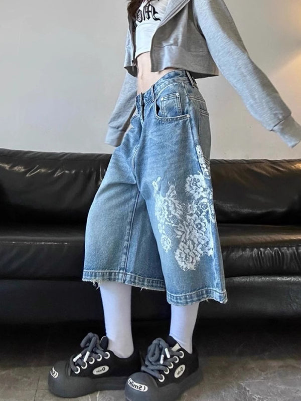 American Lace Print Denim Shorts