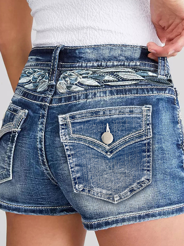 Slim Fit Embroidery Denim Shorts