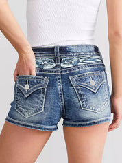 Slim Fit Embroidery Denim Shorts