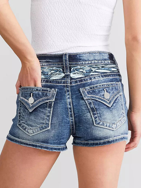 Slim Fit Embroidery Denim Shorts