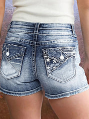 High-Stretch Embroidery Denim Shorts
