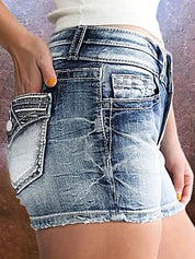 High-Stretch Embroidery Denim Shorts