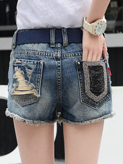 Pierced Beadwork Denim Shorts