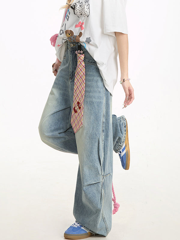 Aged Pleated Loose Boyfriend Jeans