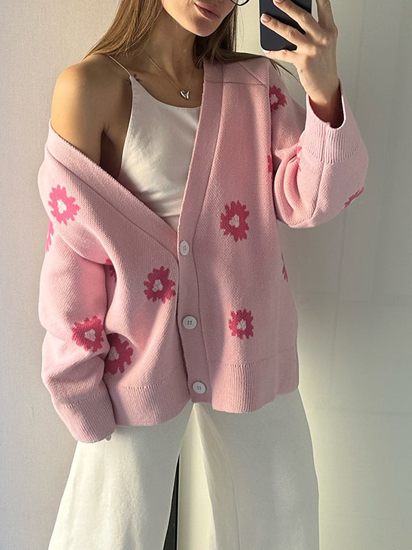 Printed Single-Breasted Button Cardigan