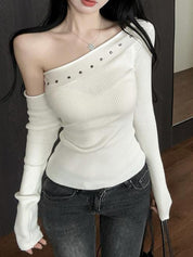 Spicy Girl Style Rhinestone Slanted Shoulder Long Sleeve
