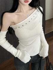 Spicy Girl Style Rhinestone Slanted Shoulder Long Sleeve
