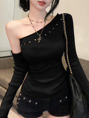 Spicy Girl Style Rhinestone Slanted Shoulder Long Sleeve