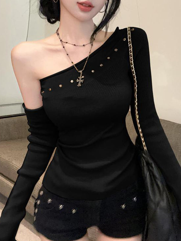 Spicy Girl Style Rhinestone Slanted Shoulder Long Sleeve