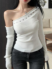 Spicy Girl Style Rhinestone Slanted Shoulder Long Sleeve