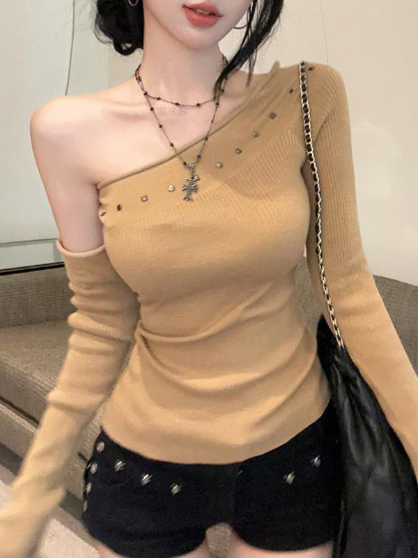 Spicy Girl Style Rhinestone Slanted Shoulder Long Sleeve
