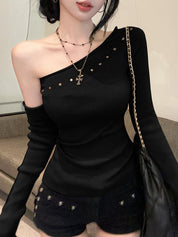Spicy Girl Style Rhinestone Slanted Shoulder Long Sleeve